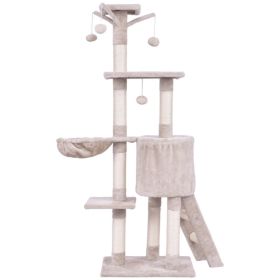Beige cat climbing frame, cat tree, cat tower with a hammock and a room